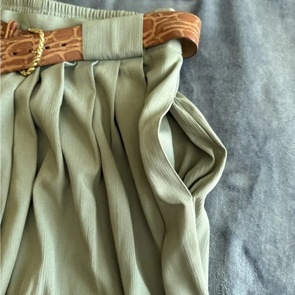 Vintage Belted Pleated Midi Skirt 16 Olive Green Pull On 90's Old Money Academia - Picture 6 of 10